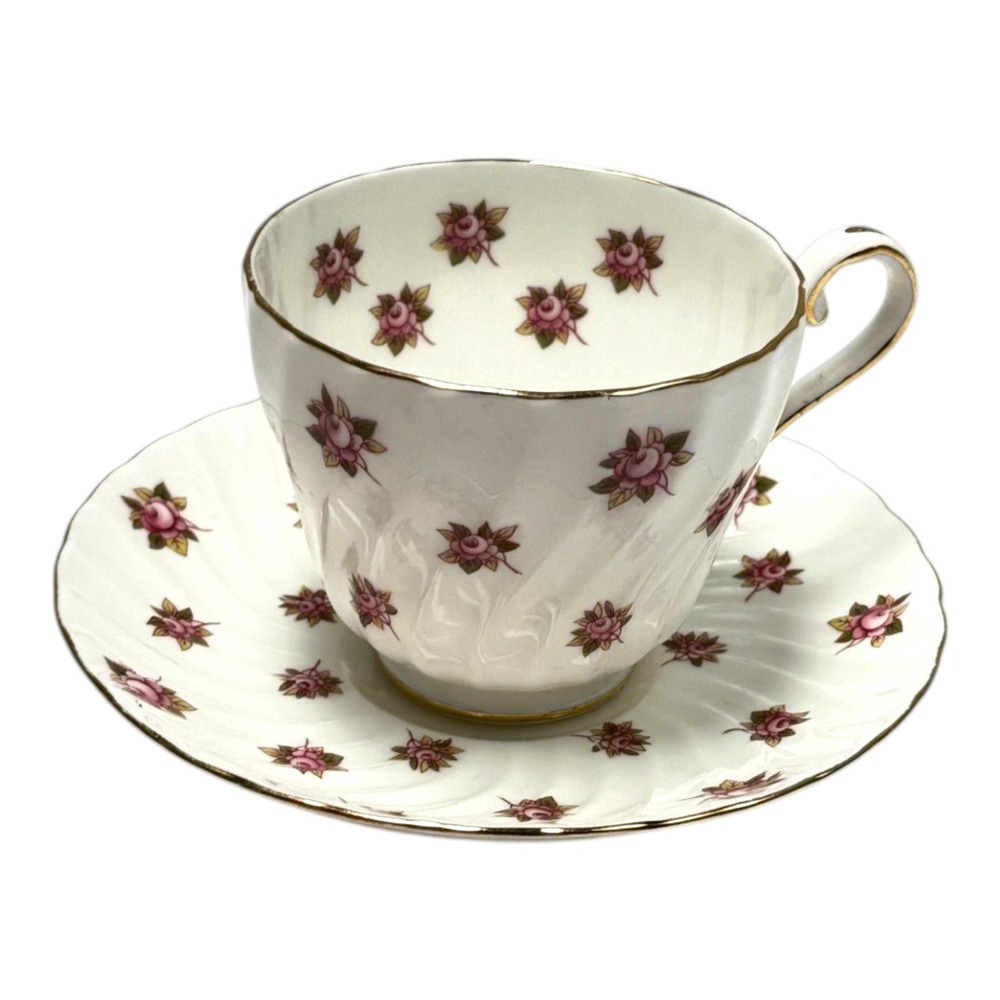 Aynsley England Bone China Teacup Saucer Pink Rosebud Swirl Gold Trim Vintage